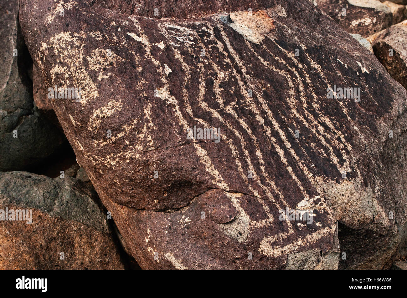 Jornada Mogollon style rock art at Three Rivers Petroglyph Site,  Chihuahuan Desert near Sierra Blanca, New Mexico, USA Stock Photo