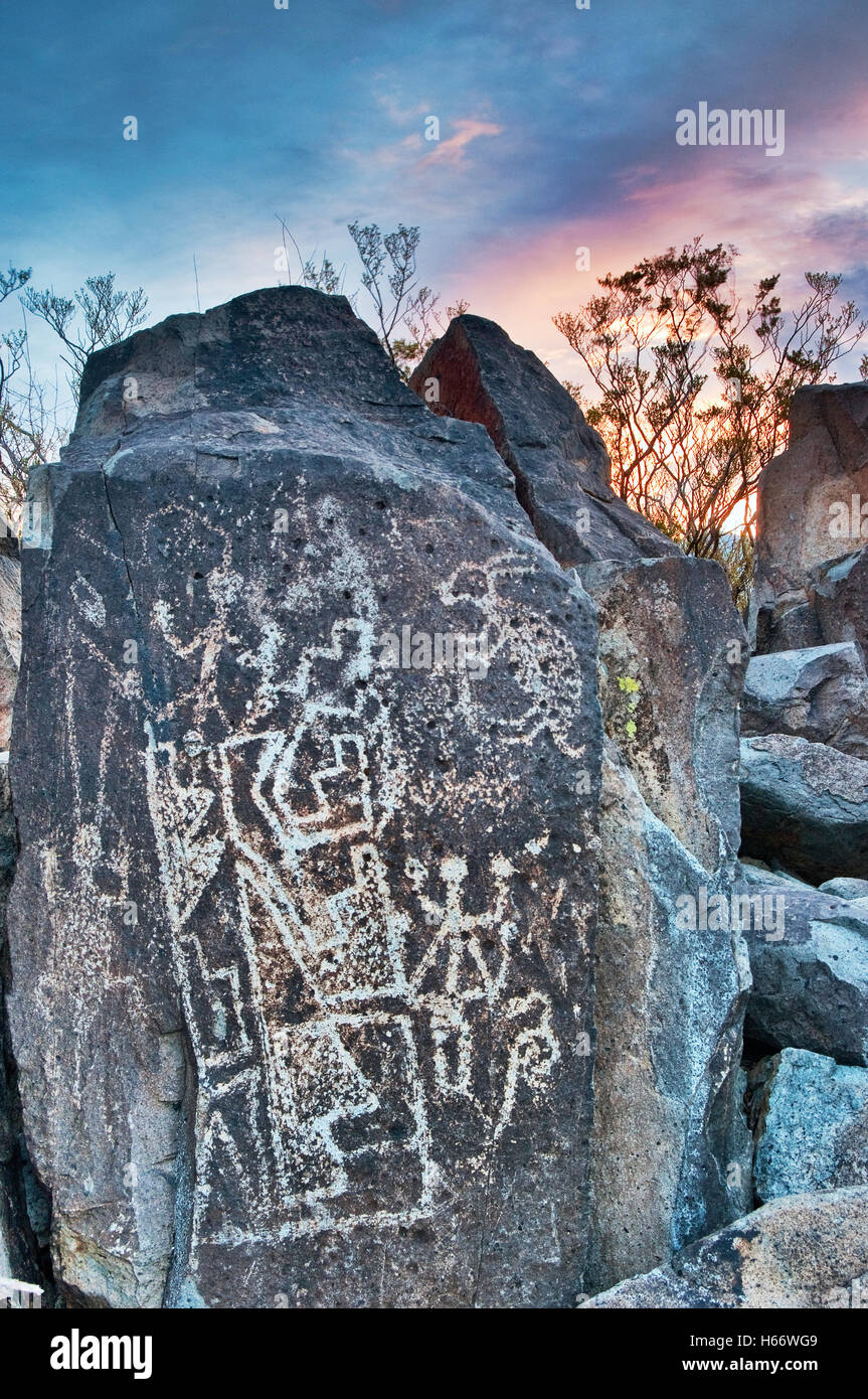 Jornada Mogollon style rock art at Three Rivers Petroglyph Site,  Chihuahuan Desert near Sierra Blanca, New Mexico, USA Stock Photo