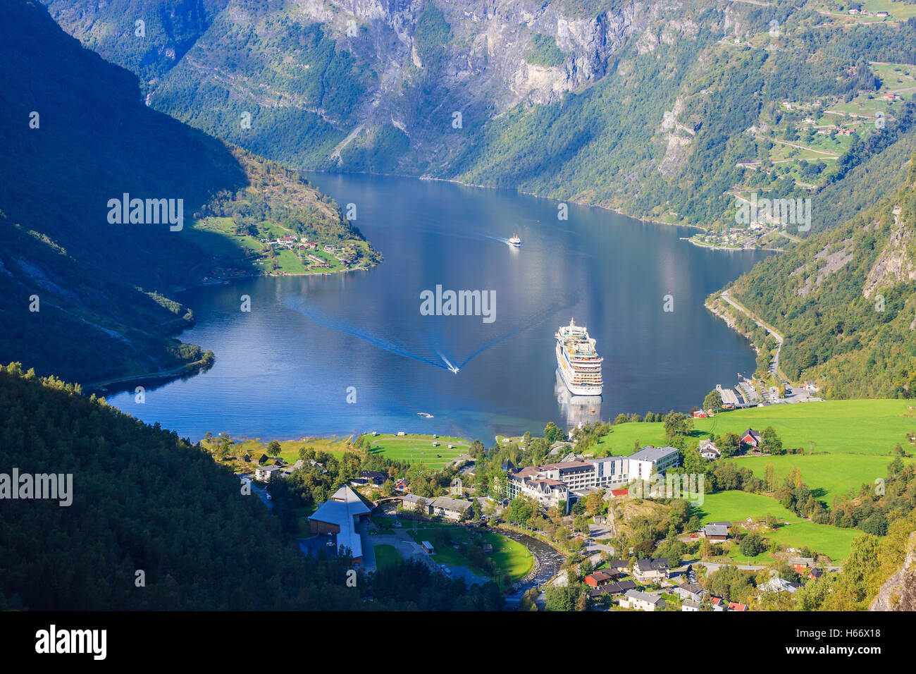 Cruiseship the Aida Sol in the Geirangerfjord seen from Flydalsjuvet, Norway Stock Photo