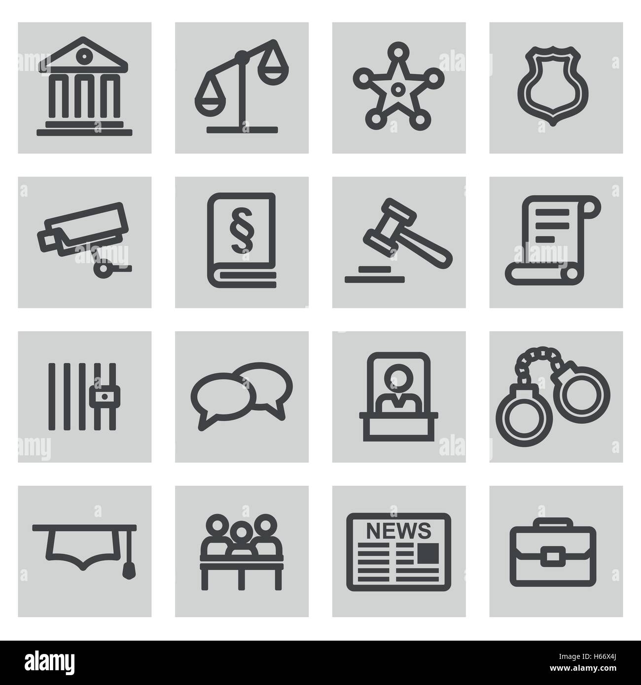 Vector black line justice icons set on grey background Stock Vector ...