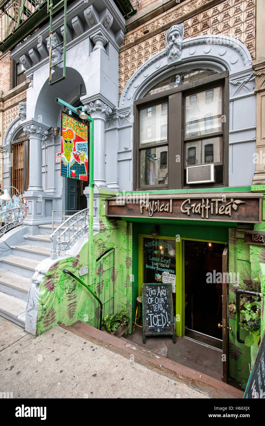 Tea shop Physical GraffiTea, ground floor of the building on Led Zeppelin Cover Physical Graffiti, St. Marks Place, Manhattan Stock Photo