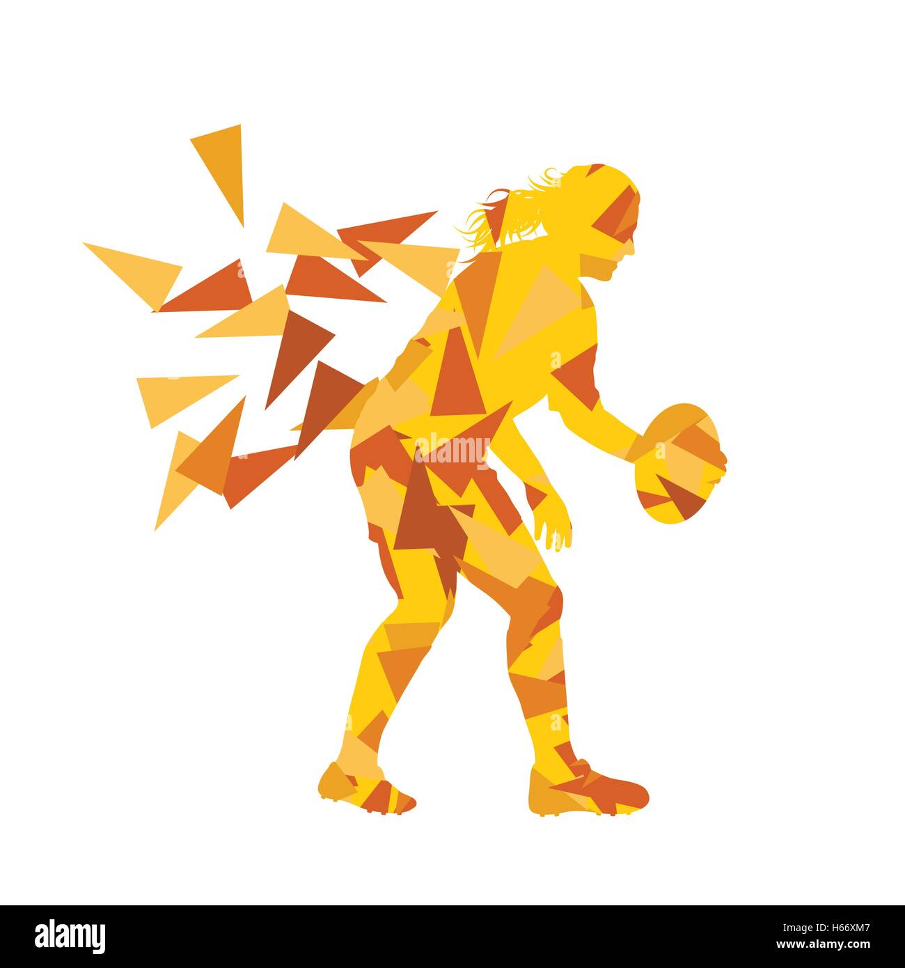 Female rugby player woman abstract vector background made of polygon fragments isolated on white Stock Vector