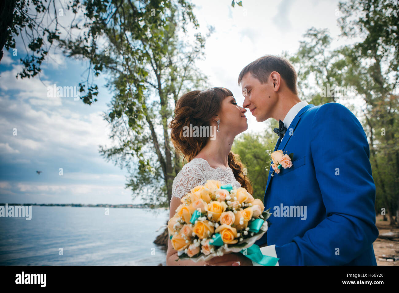 bride and groom standing and kissing in the background of the nature ...
