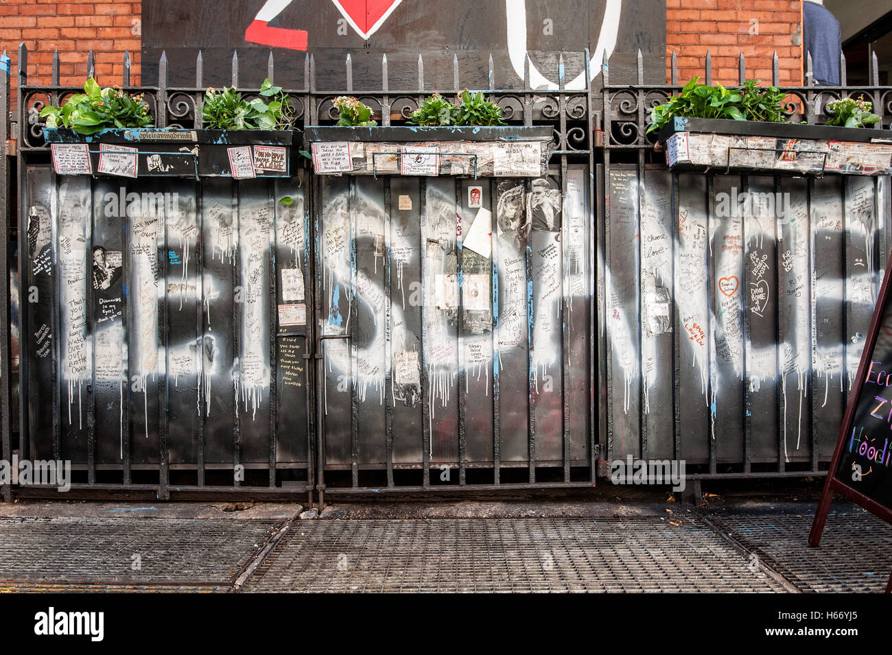 Memorial to musician David Bowie created by fans next to his apartment building on Lafayette