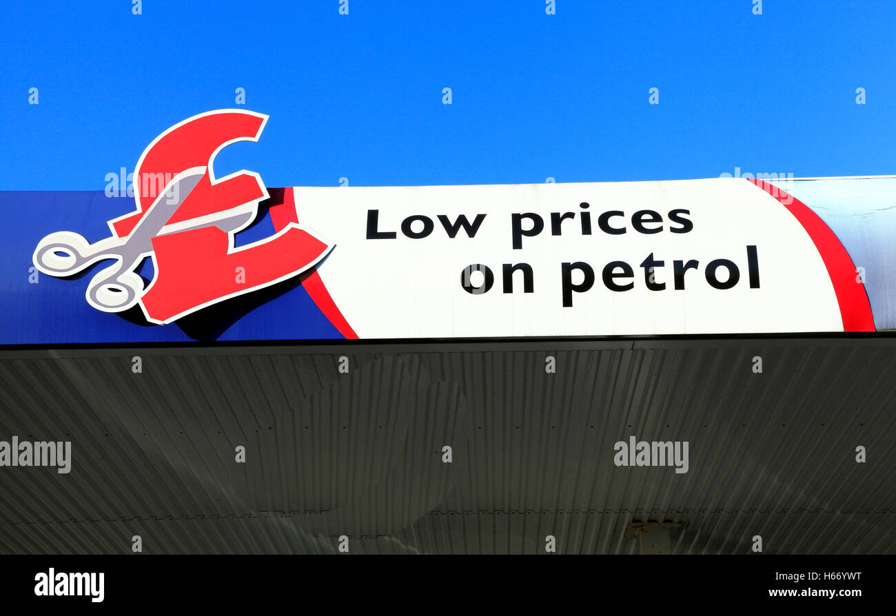 Low Prices on Petrol sign, price cut, Tesco filling station