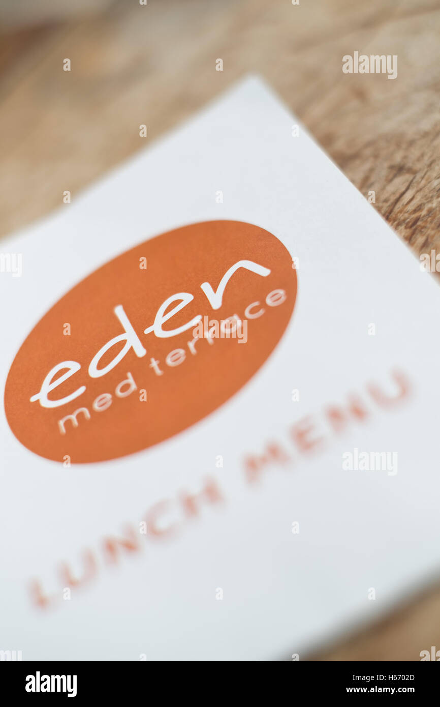 The lunch menu at the Med Terrace restaurant in the Mediterranean biome at the Eden Project, Bodelva, St Austell, Cornwall, UK Stock Photo