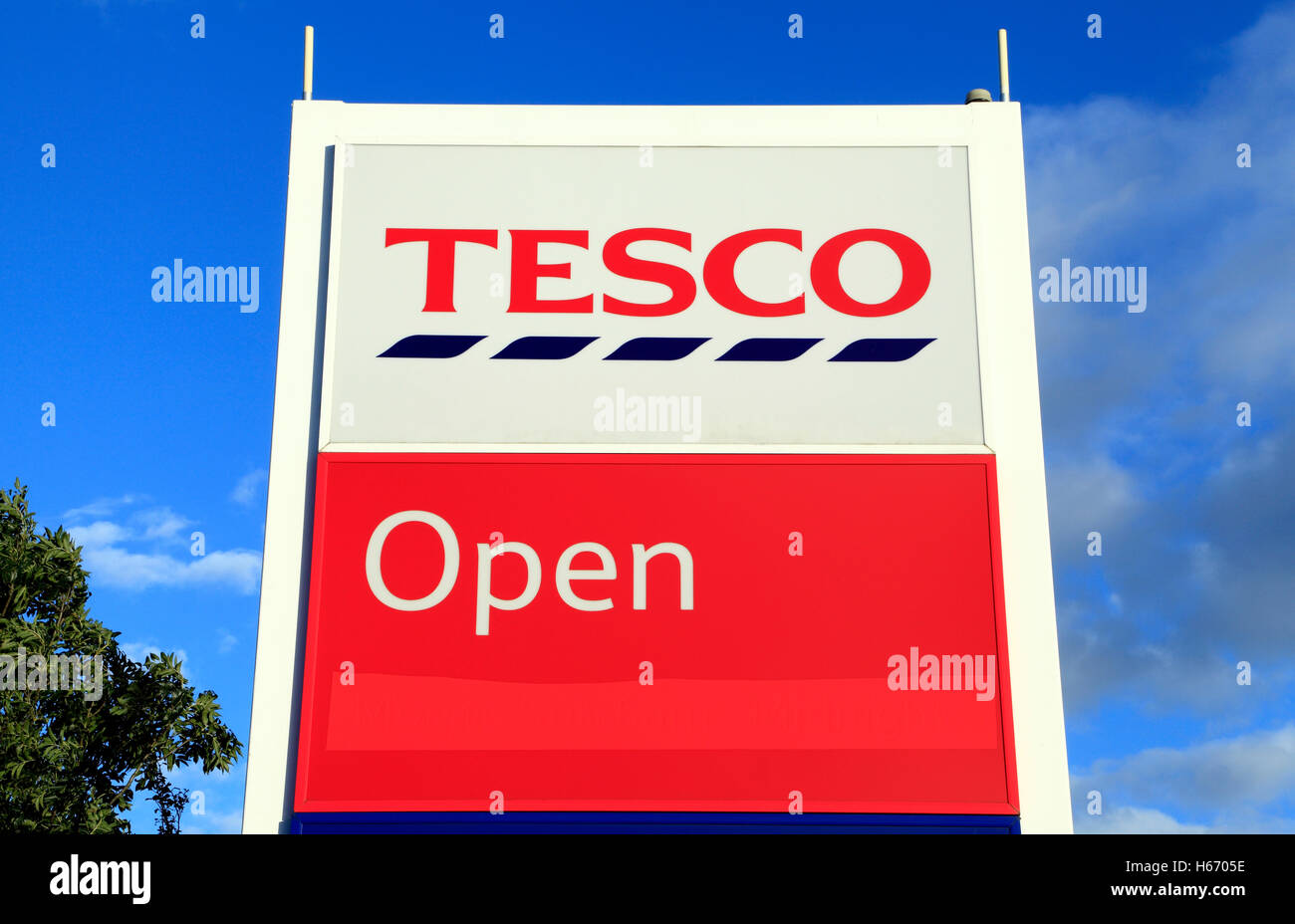 Tesco Open sign, Hunstanton, Norfolk England UK English British