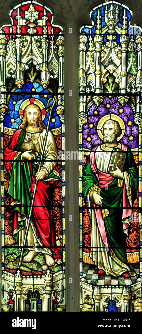 The Good Shepherd and St. Peter, Simon Peter, stained glass window by E.. R. Suffling, late 19th century,  Fakenham, Norfolk Stock Photo