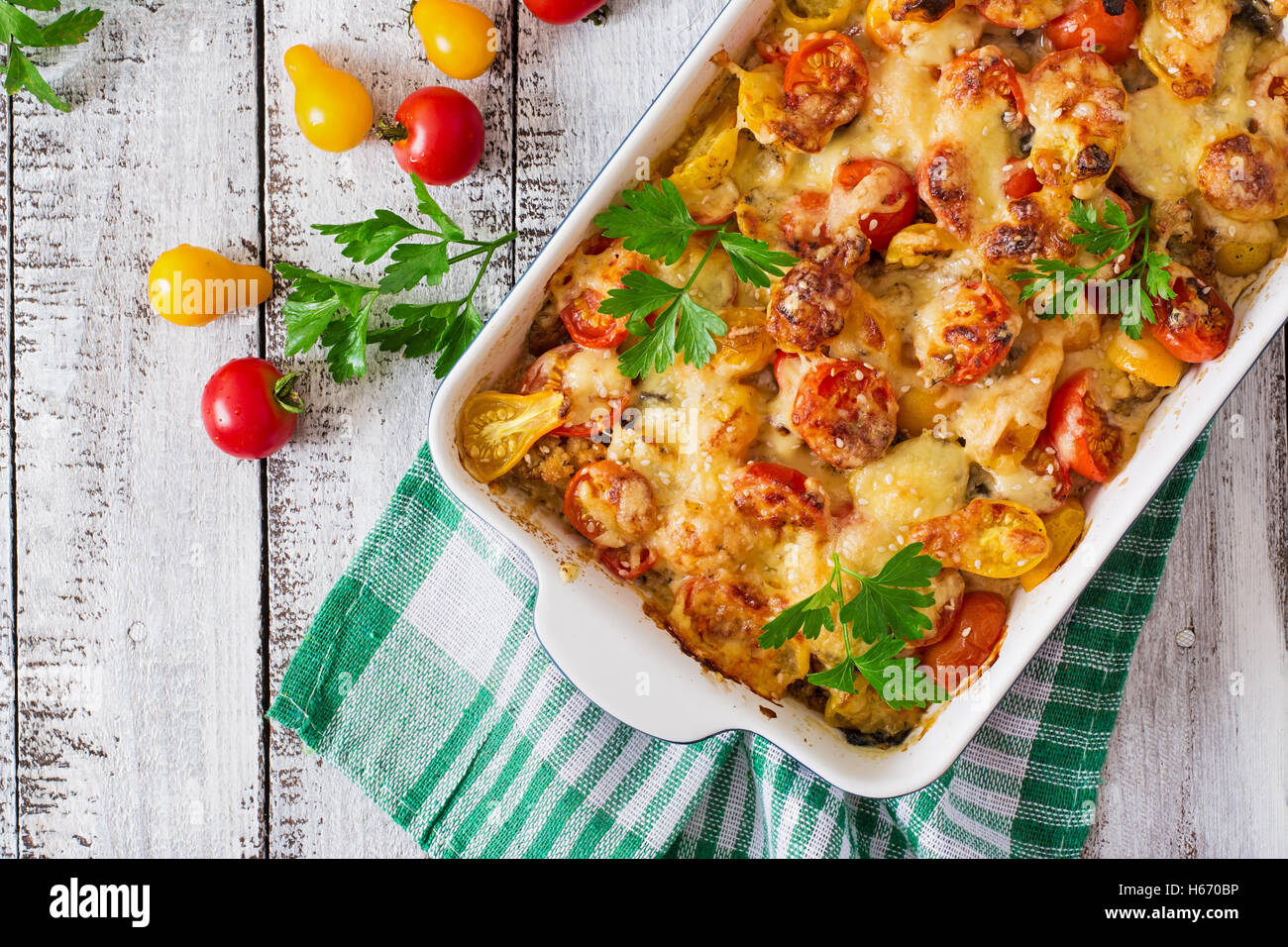 Vegetarian Vegetable casserole with zucchini, mushrooms and cherry