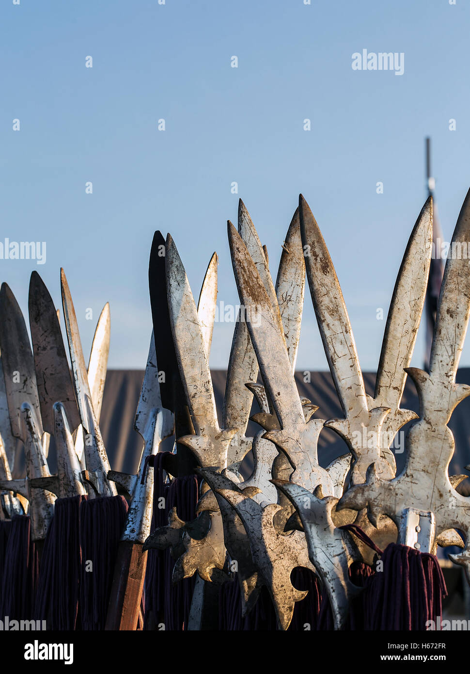Group of medival spears stacked by each other. Stock Photo