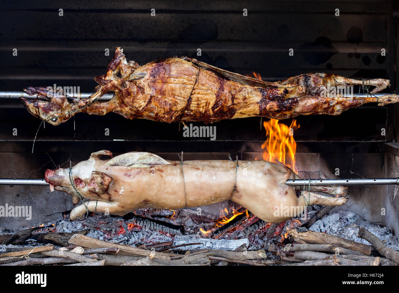 Piggy and lamb on a grill on an open fire. Stock Photo