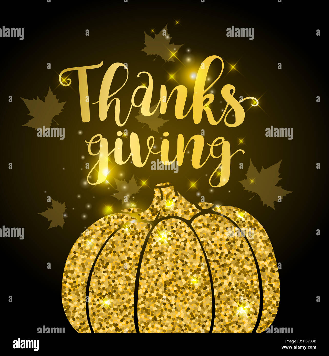 Luxurious golden glitter card with pumpkin, leaves and lettering ...