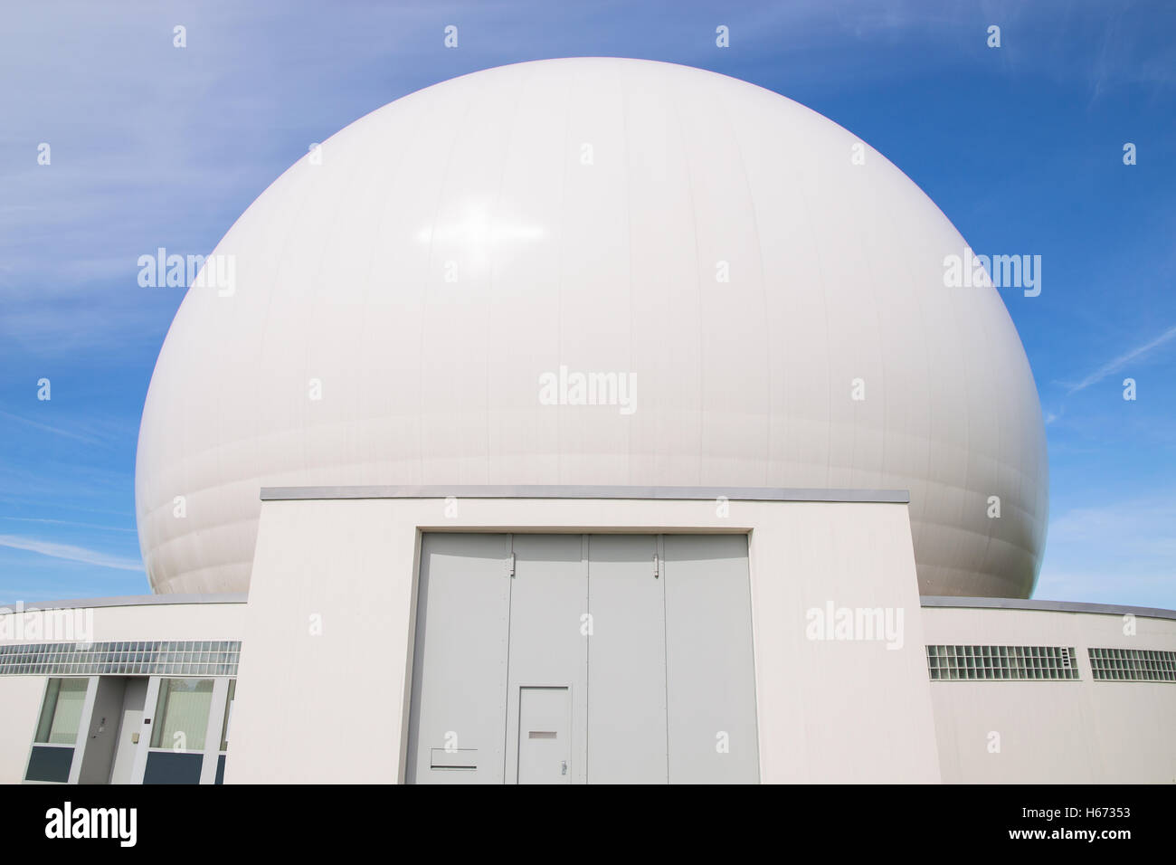 Big cupola of radiolocation terrestrial station radar antenna for radio satellite communications and telecommunication Stock Photo