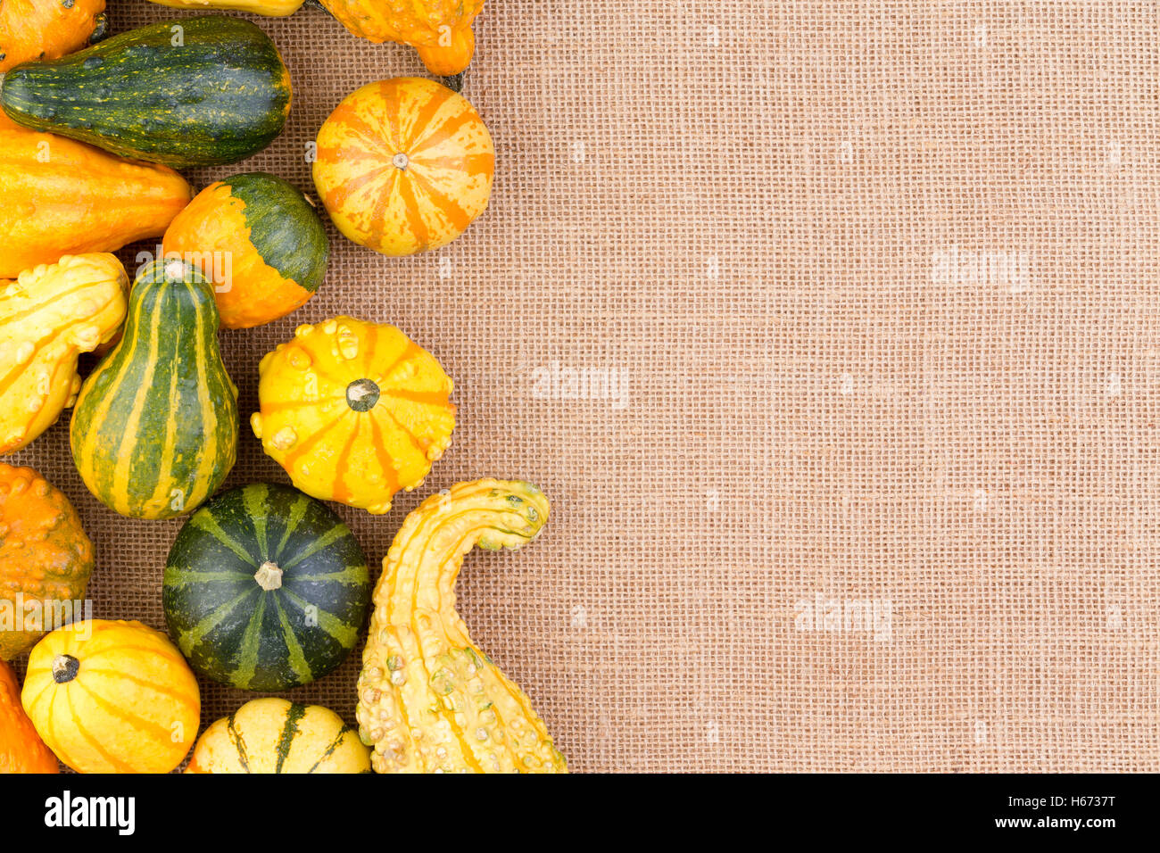 Side border of ornamental autumn gourds over a burlap textured textile with copy space for your Thanksgiving message Stock Photo