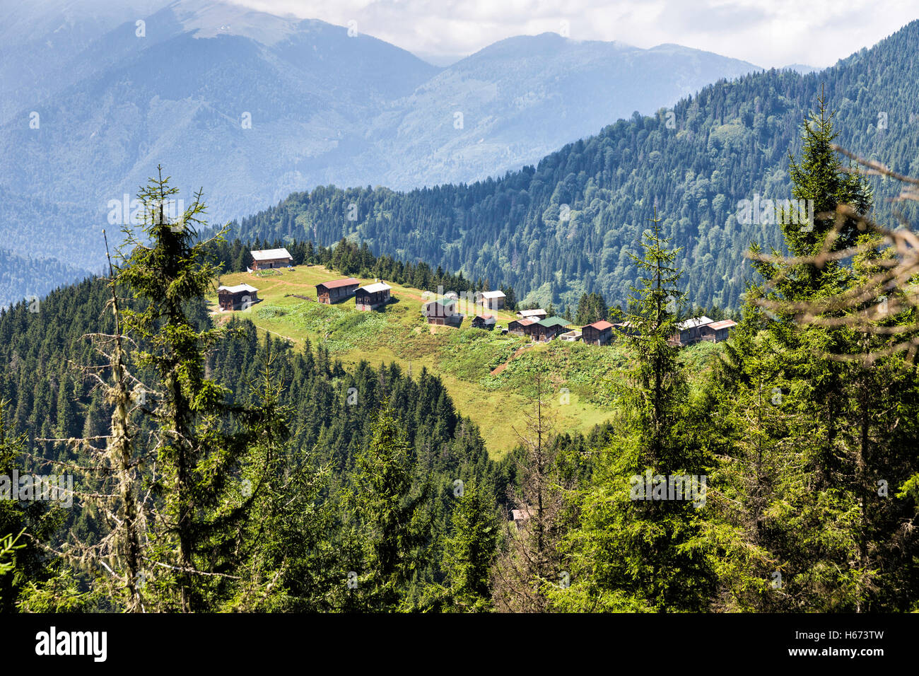 Traditional wooden Turkish house view of Pokut plateau through the trees near Senyuva in Camlihemsin, Rize Stock Photo