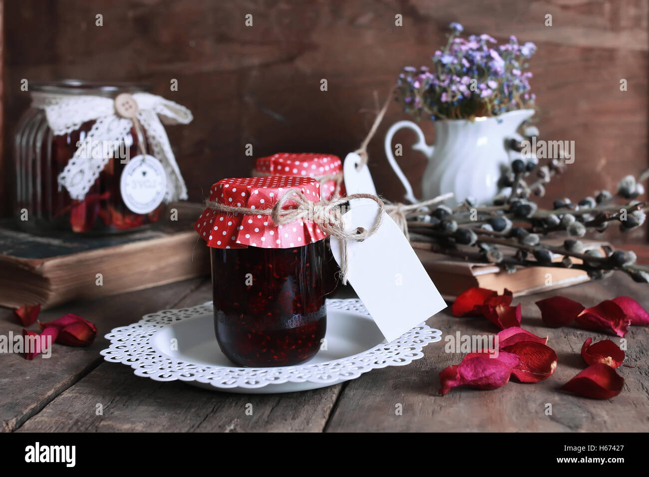 Rustic Jar Background rustic homemade jam jar wooden background and flower Stock Photo - Alamy
