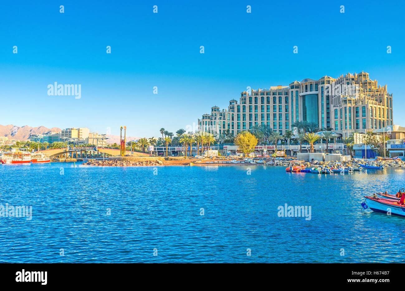 The coastal district of resort with the harbor, luxury hotel complex and shopping street, Eilat Stock Photo