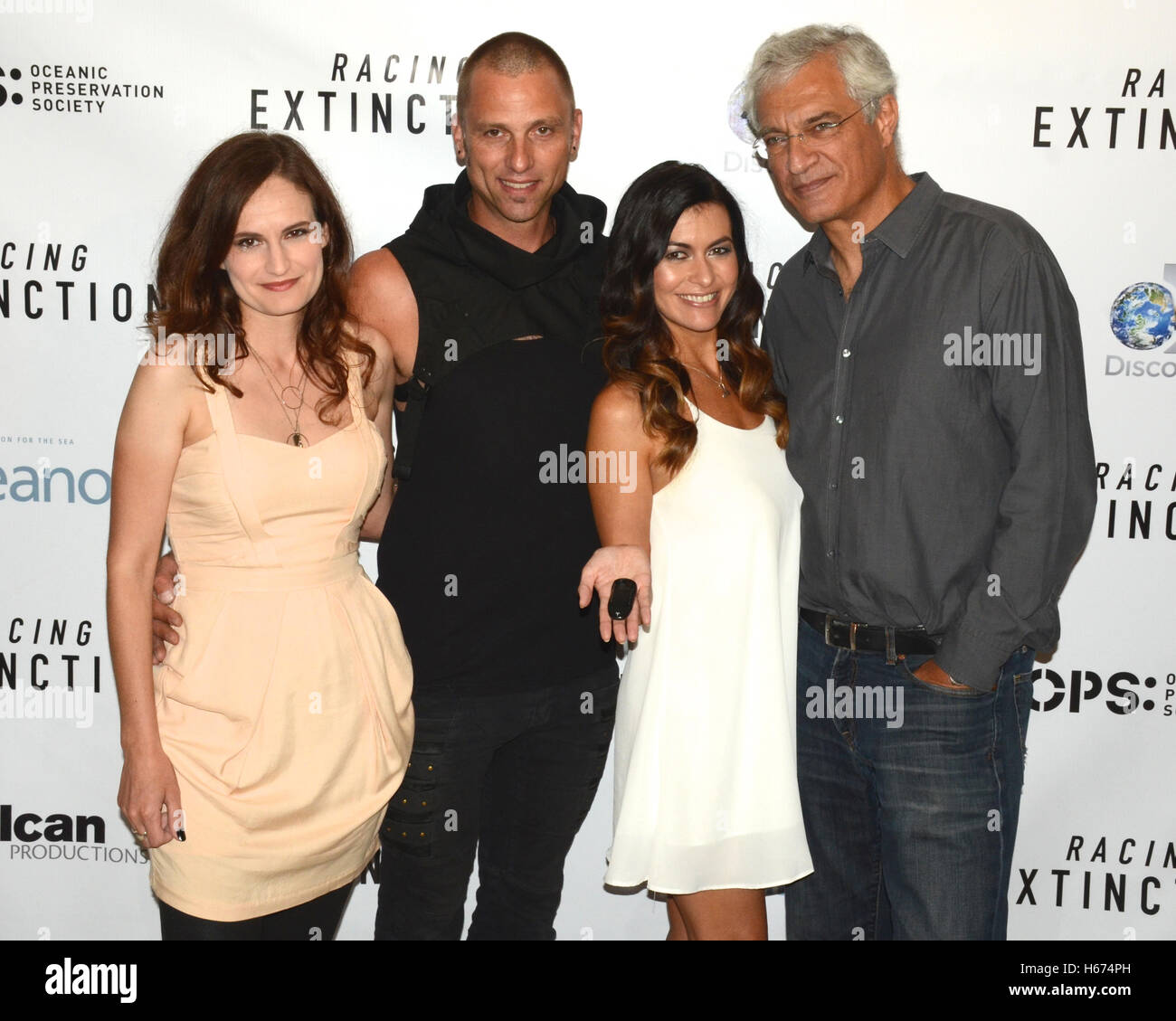 Gina Papabeis, Tom Sepe, Leilani Munter, and Louis Psihoyos arrives at the Los Angeles premiere of the Discovery Channel's 'Racing Extinction' in West Hollywood Stock Photo