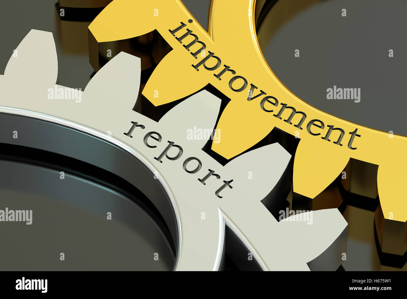 Improvement Report concept on the gearwheels, 3D rendering Stock Photo
