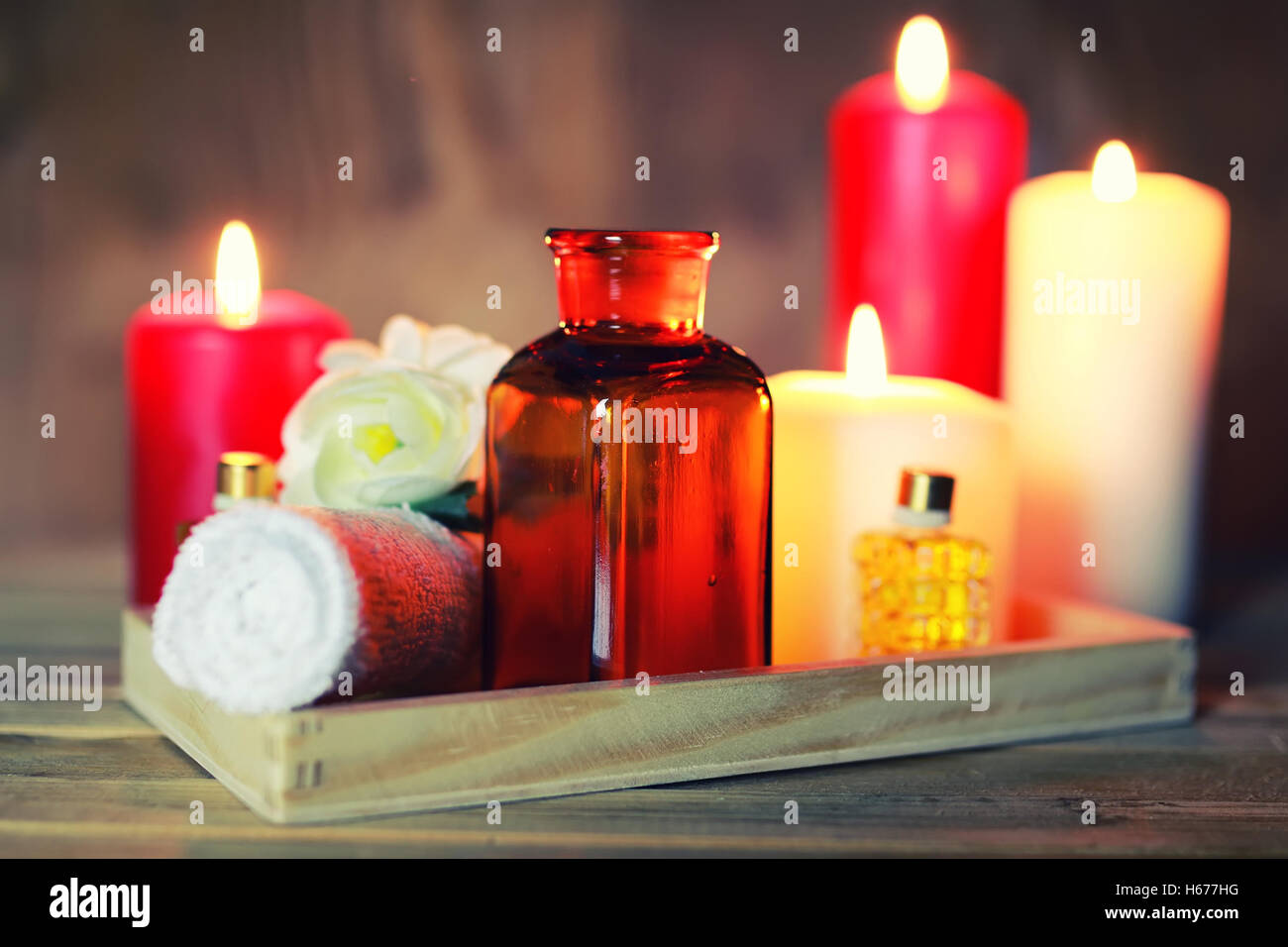 Spa candle wipes bottles Stock Photo Alamy
