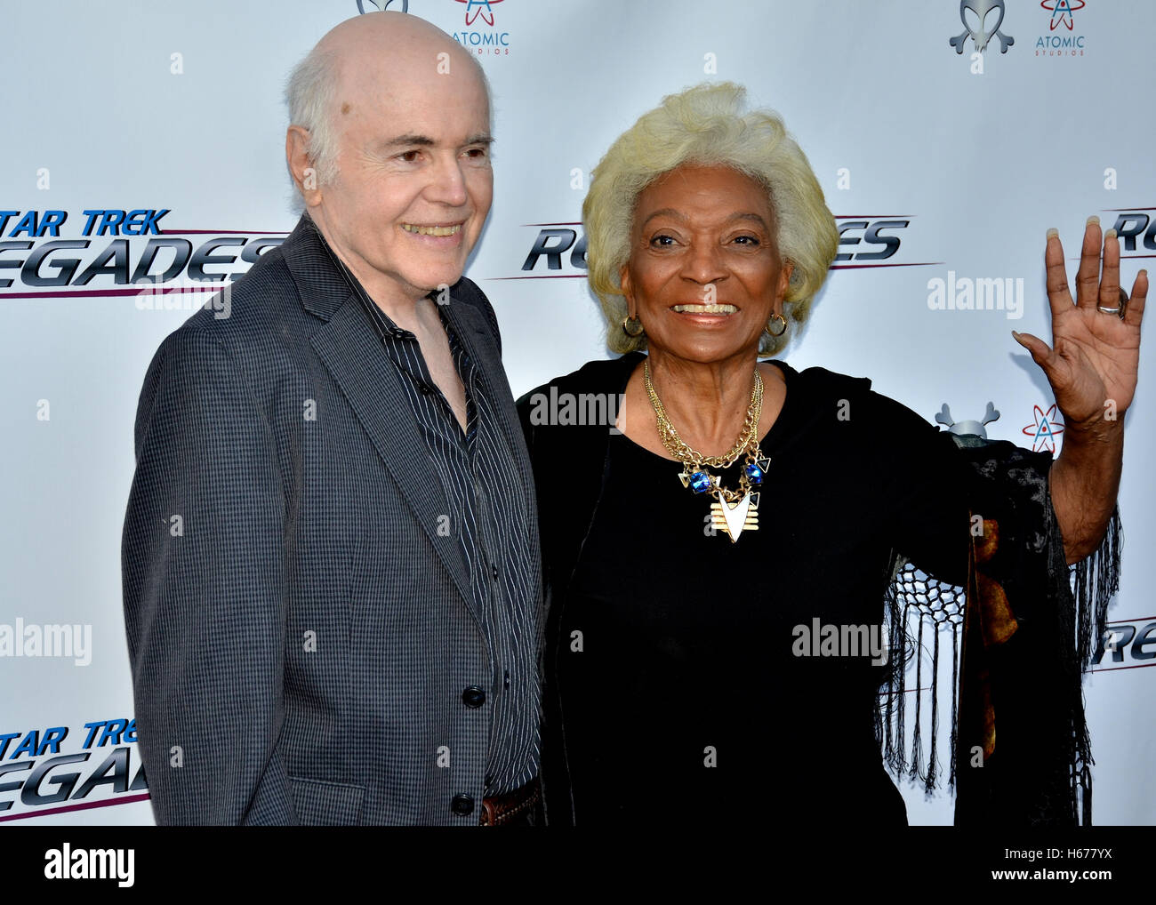 Walter Koenig and Nichelle Nichols arrive at the World Premiere of 'Star Trek: Renegades' at The Crest Theatre on August 1, 2015 in Westwood, California. Stock Photo