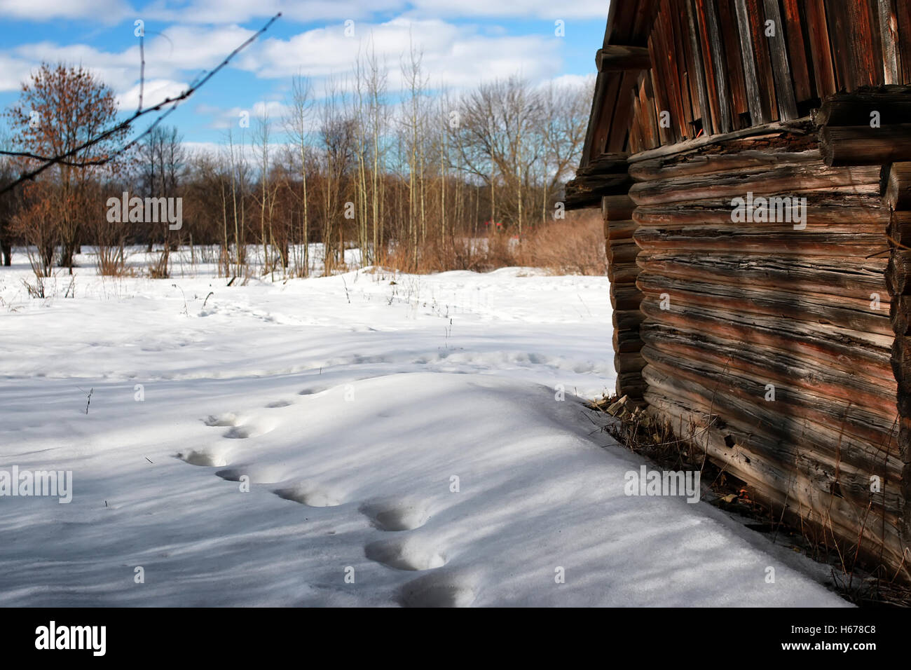 log house wall landscape winter Stock Photo - Alamy