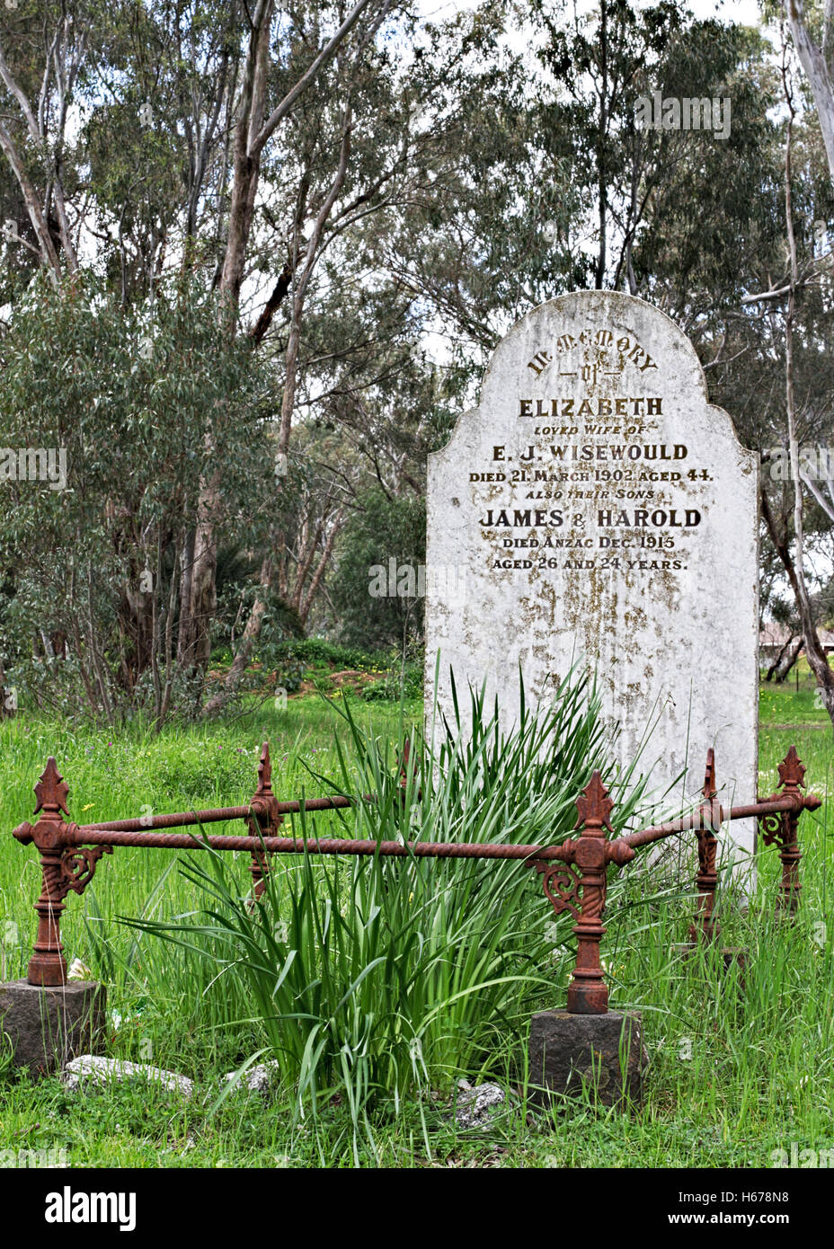 Two historic headstones in the cemetery at Tocumwal, NSW, Australia. Stock Photo