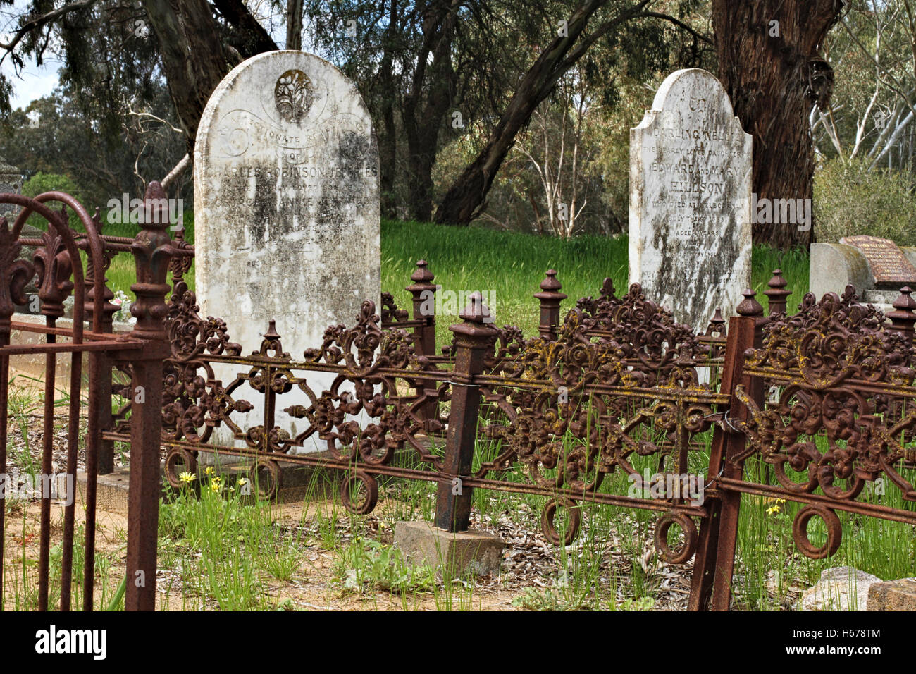 Two historic headstones in the cemetery at Tocumwal, NSW, Australia. Stock Photo