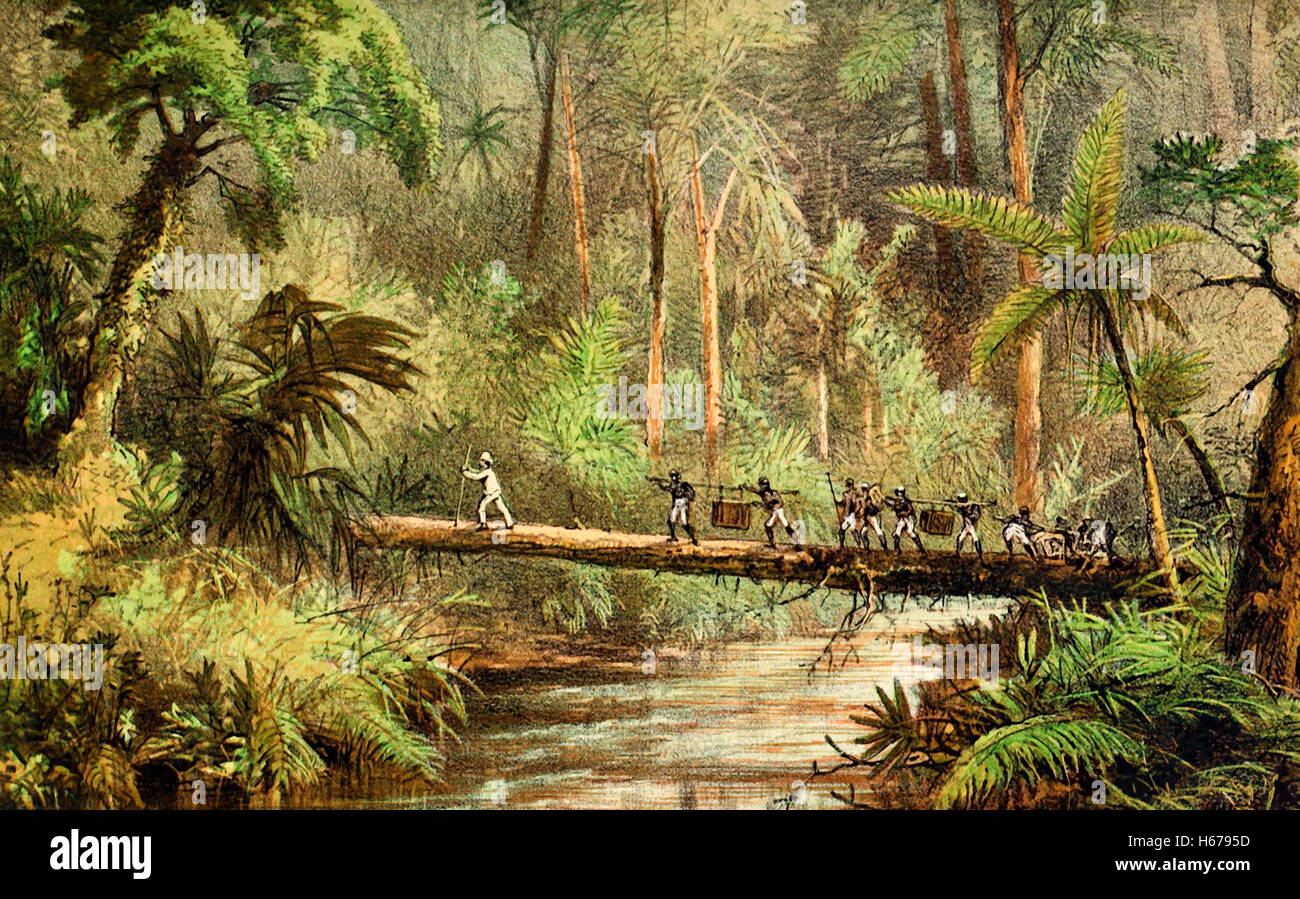Crossing the River Benangan, Borneo, circa 1880 Stock Photo