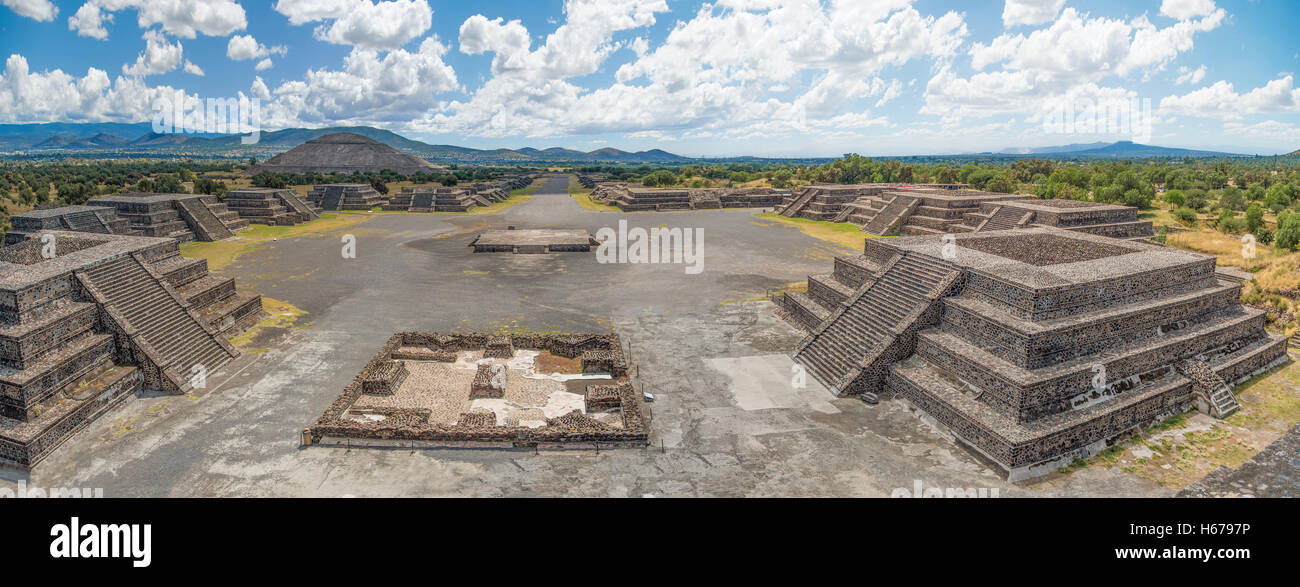 The Plaza of the Moon and the Avenue of the Dead with the Pyramid of the Sun in the distance. Stock Photo