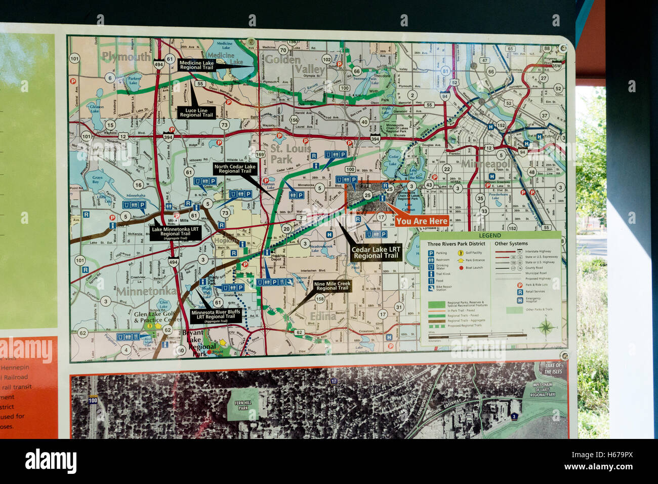 Map for the Three Rivers Park District posted on the N Cedar Lake Regional Trail. Minneapolis Minnesota MN USA Stock Photo