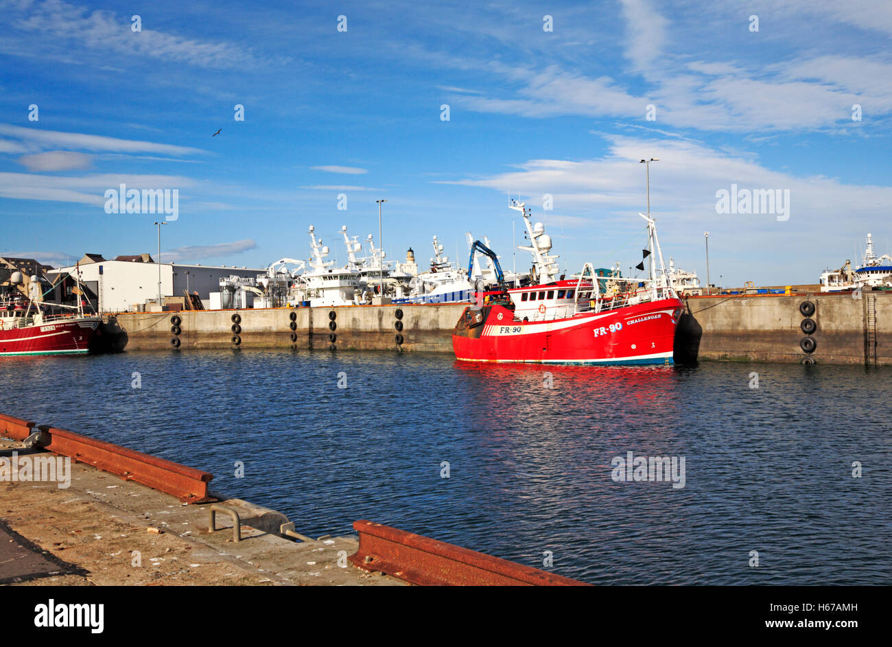A seagoing vessel at berth in the harbour at Fraserburgh, Aberdeenshire, Scotland, United Kingdom, UK. Stock Photo