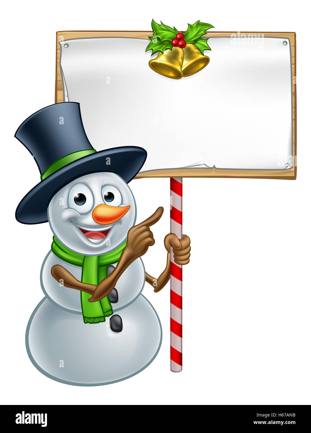 Christmas snowman cartoon character holding a wooden scroll sign with gold bells and holly and pointing Stock Photo