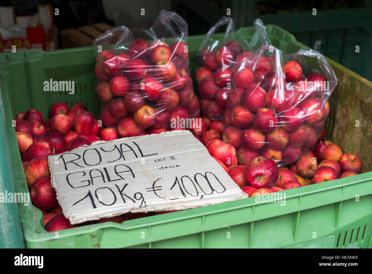 apples for sale on market stall (Royal Gala Apples), Umbria, Italy