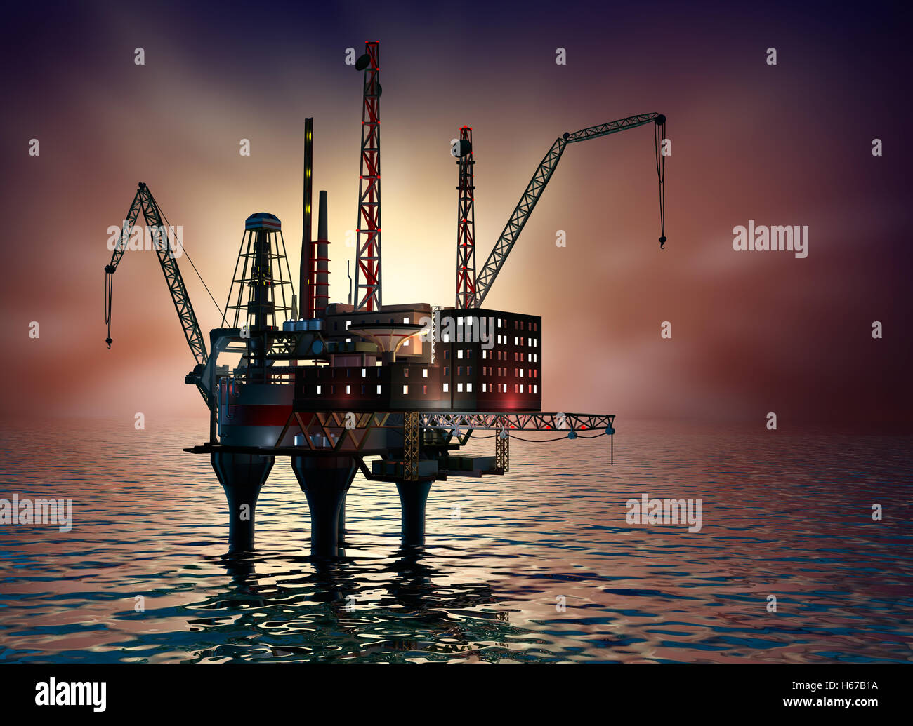 Drilling offshore Platform in night sea. 3D illustration Stock Photo
