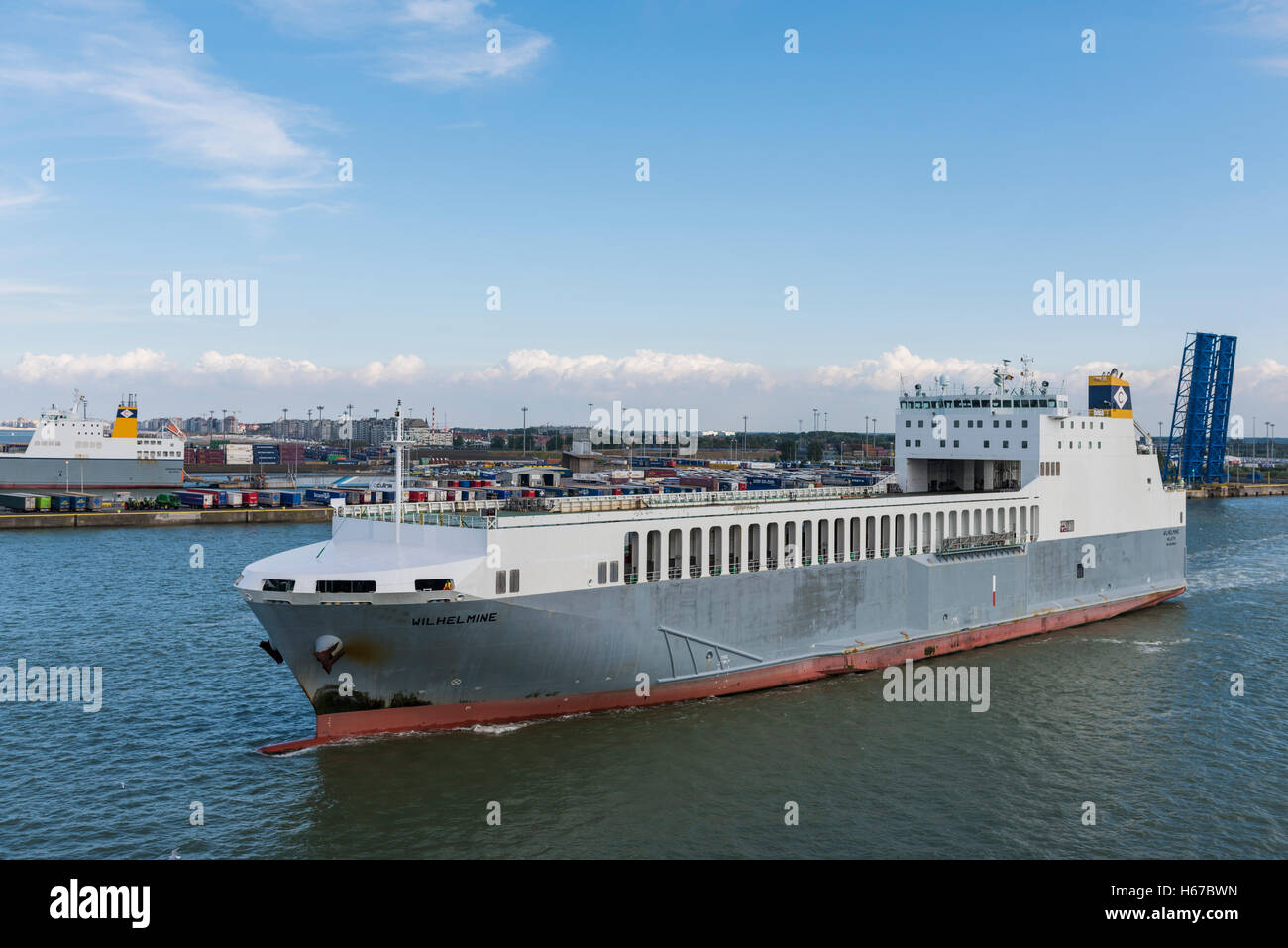 The 'Wilhelmine' leaving the port of Zeebrugge in Belgium. Stock Photo
