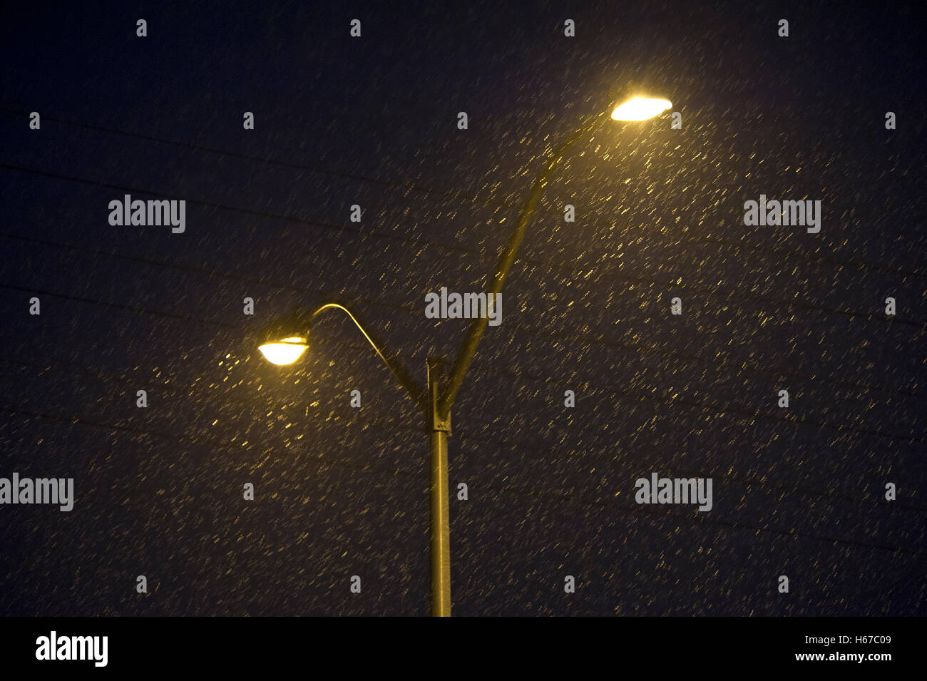 Street lamps illuminate falling snow on a deserted street at night in Toronto suburbs Stock Photo