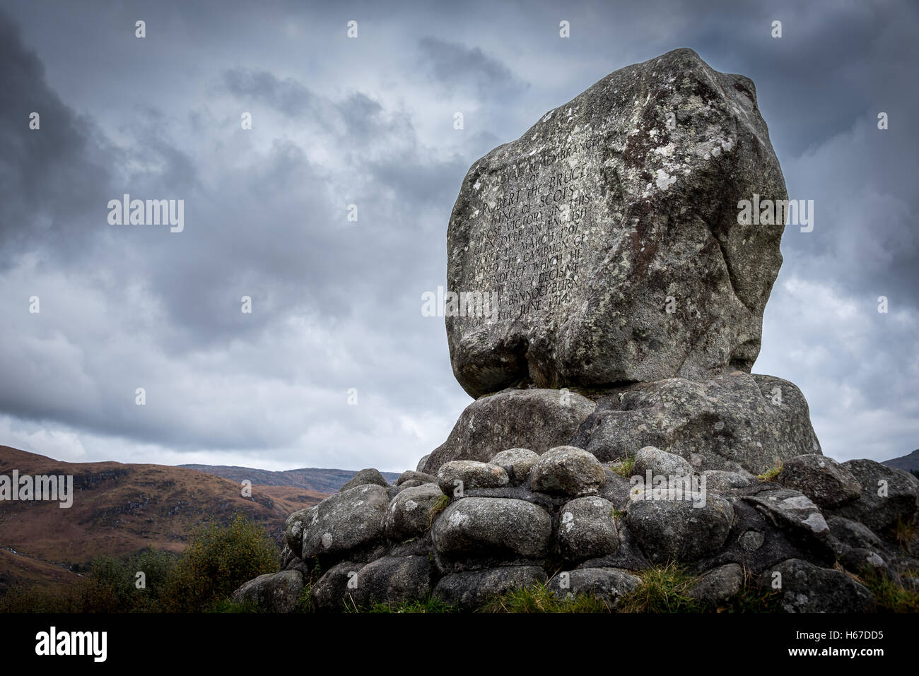 A stone memorial to a battle in Glen Trool in 1307 when the Scots lead by Robert The Bruce defeated an English Army Stock Photo
