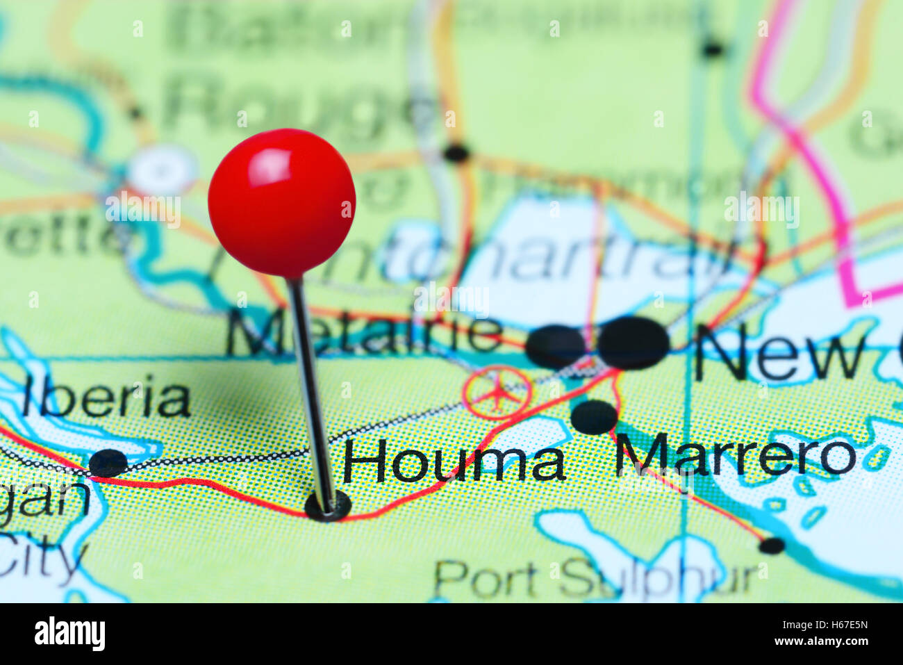 Houma pinned on a map of Louisiana, USA Stock Photo
