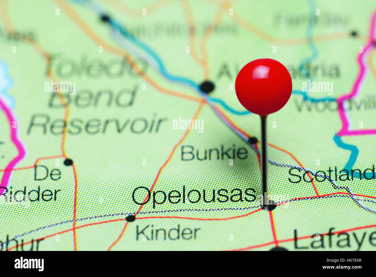 Opelousas pinned on a map of Louisiana, USA Stock Photo