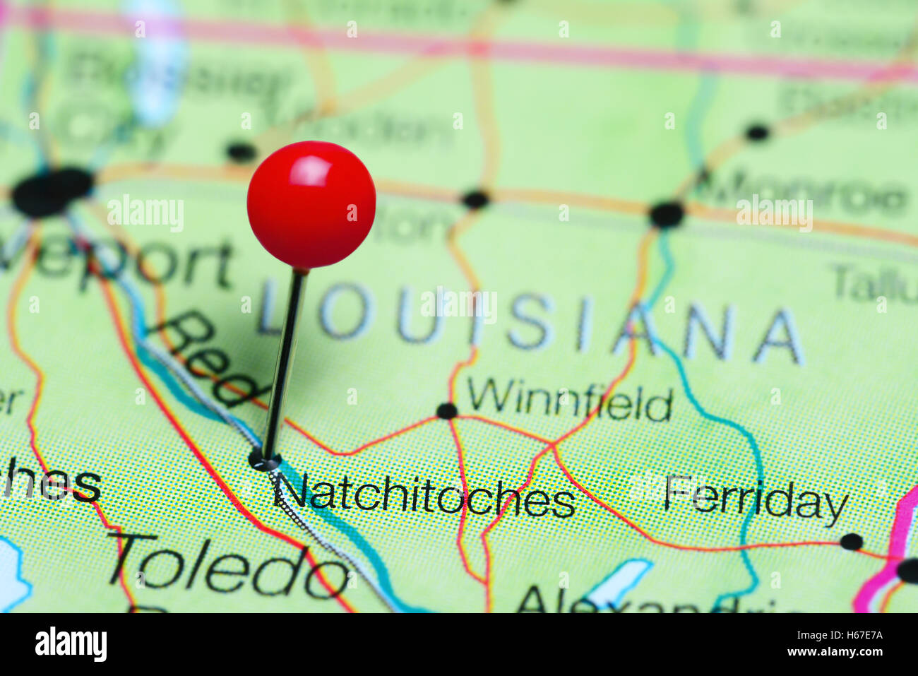 Natchitoches pinned on a map of Louisiana, USA Stock Photo