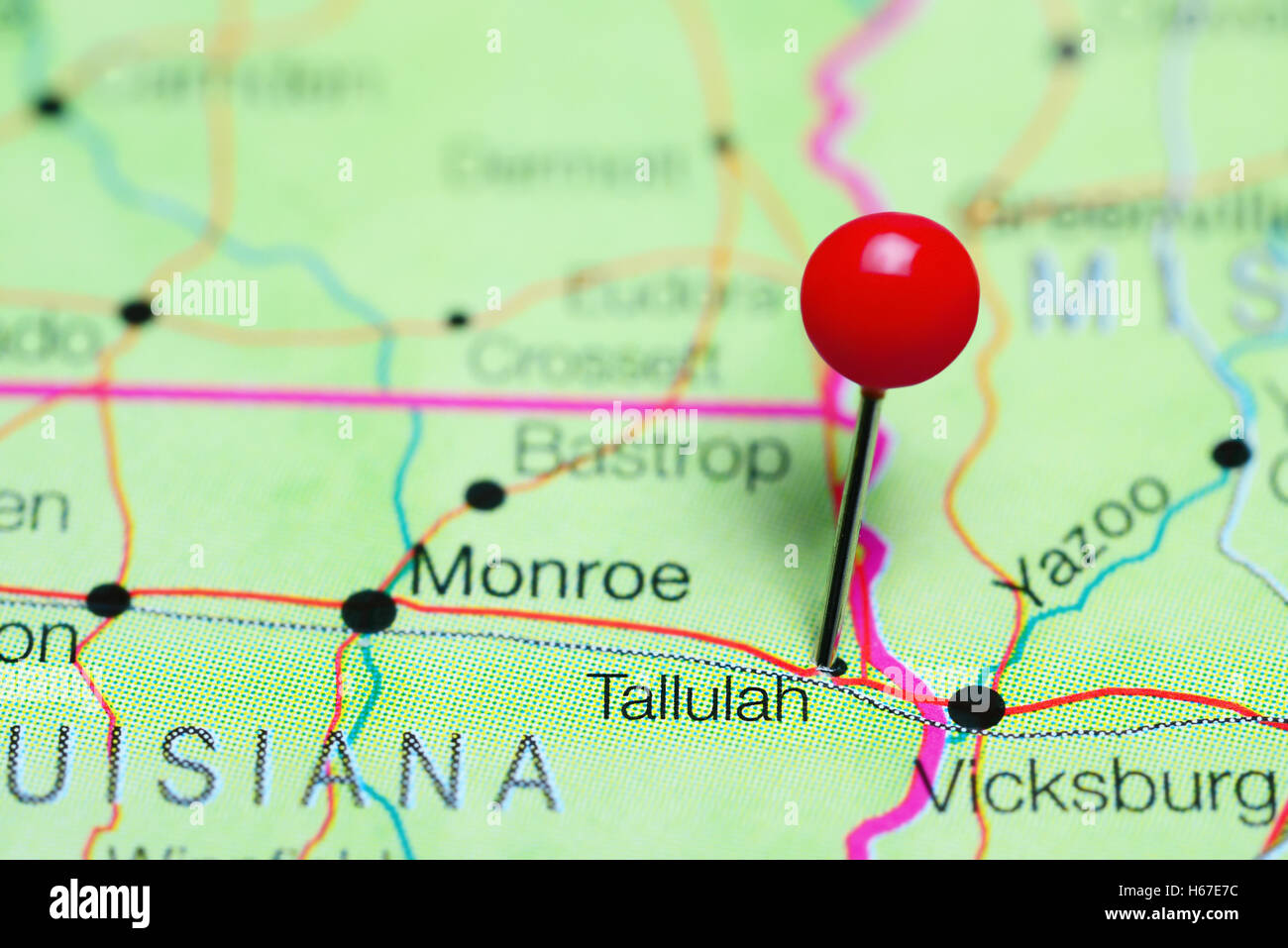 Tallulah pinned on a map of Louisiana, USA Stock Photo