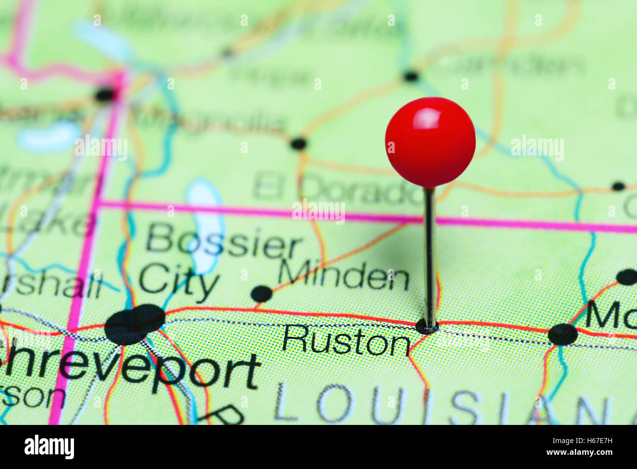 Ruston pinned on a map of Louisiana, USA Stock Photo