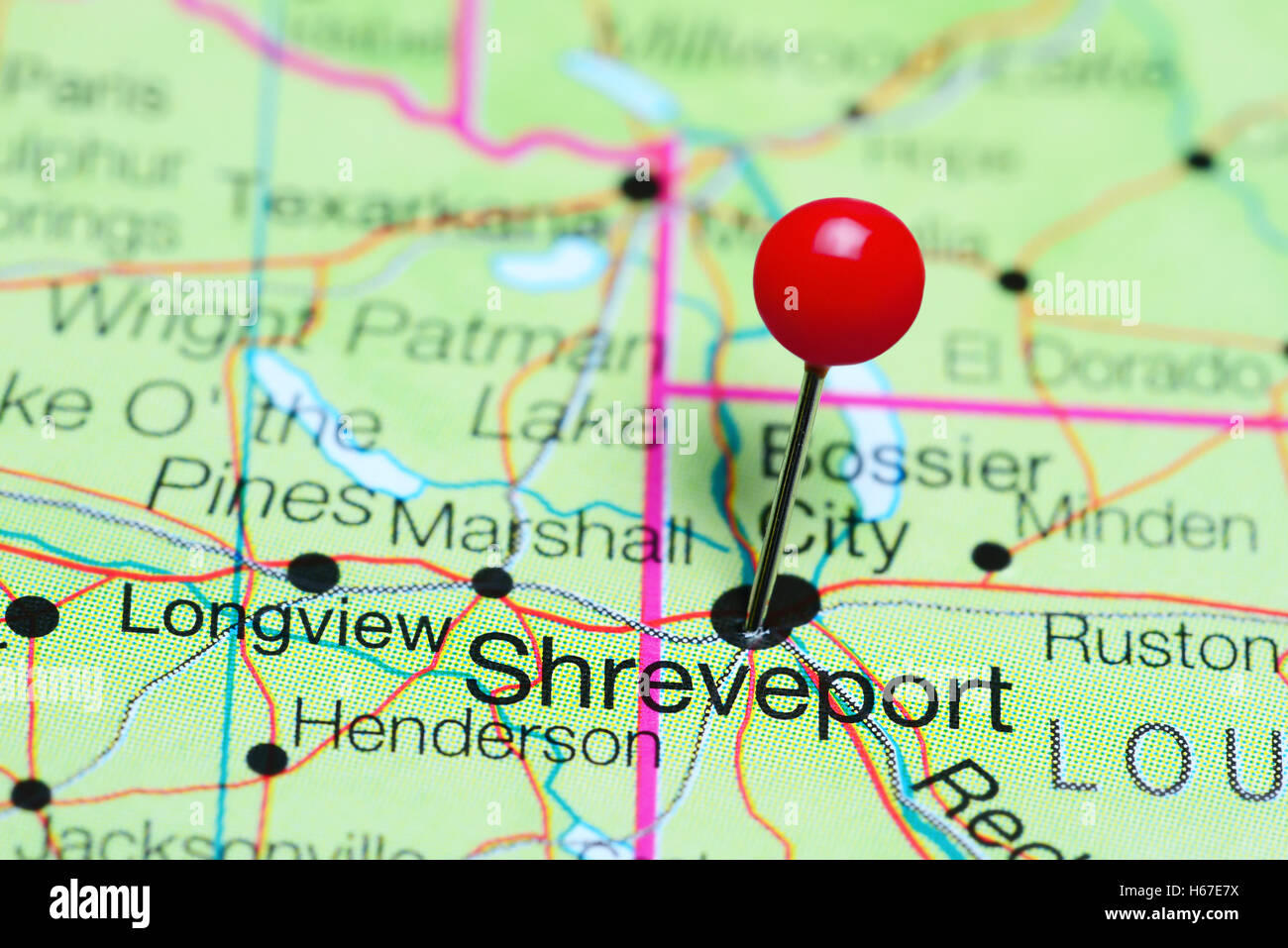 Shreveport pinned on a map of Louisiana, USA Stock Photo
