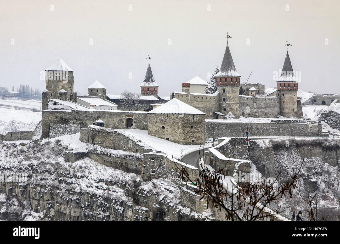 Winter view of Medieval fortress of Kamyanets-Podilsky, Western Ukraine Stock Photo
