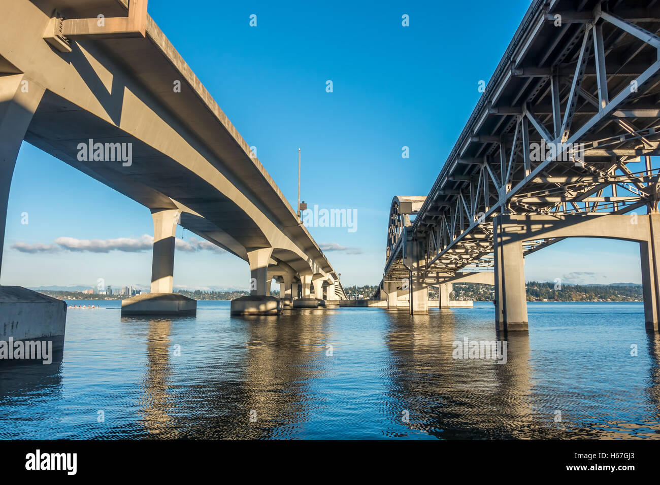 A view from beneath the west end of the I 90 bridge in Seattle