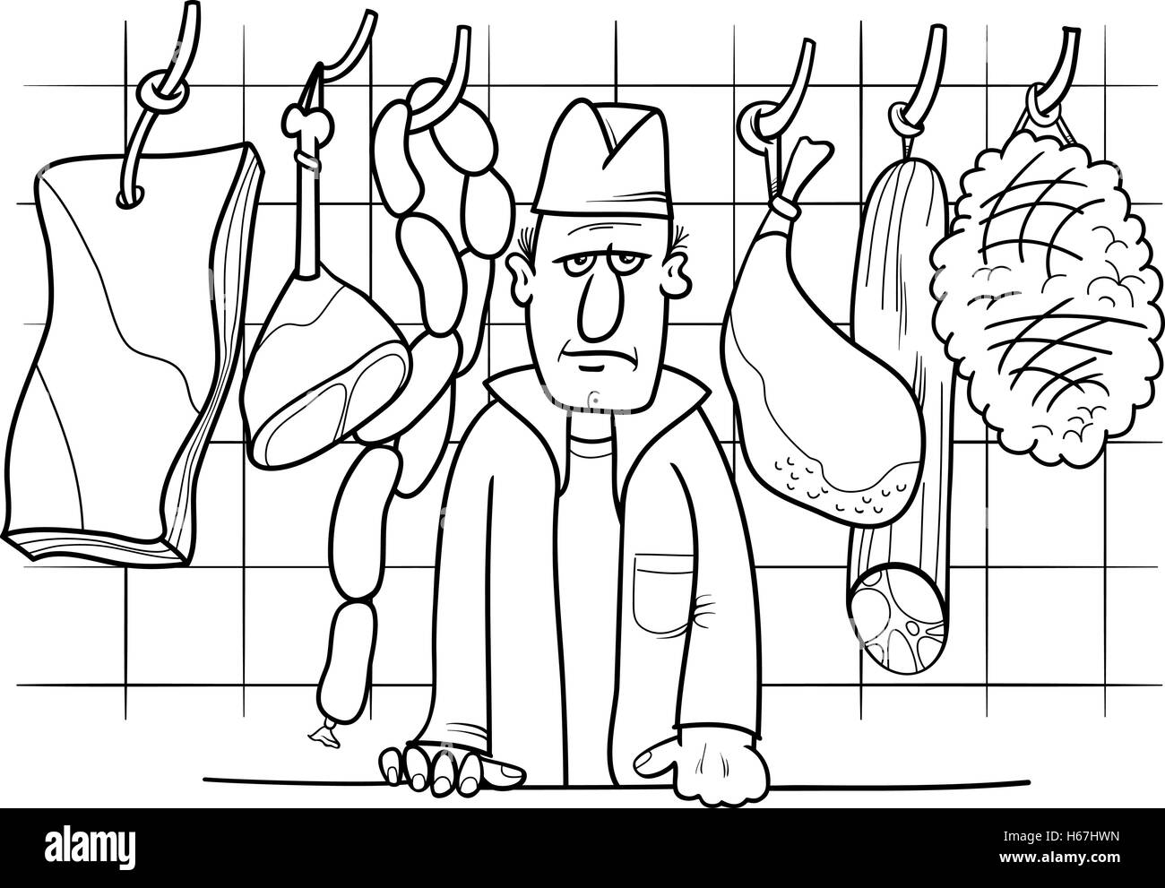 Black and White Cartoon Illustration of Butcher in his Shop with Meat Food Objects Coloring Page Stock Vector