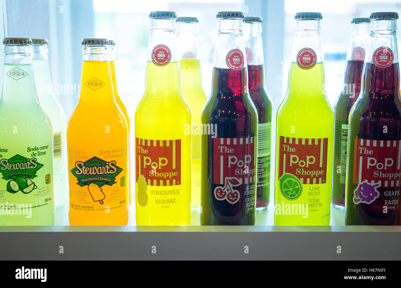 Multiple varieties of soda manufactured by The Pop Shoppe and Stewart's Fountain Classics. Stock Photo