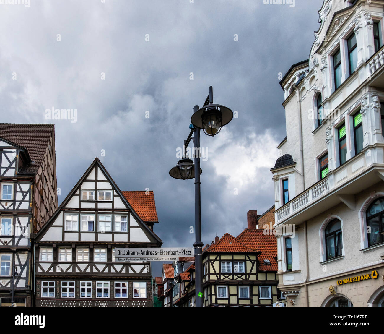 Dr-Johann-Andreas-Eisenbart-Platz, historic square with timber frame buildings in old town of Hann. Münden, Lower Saxony,Germany Stock Photo