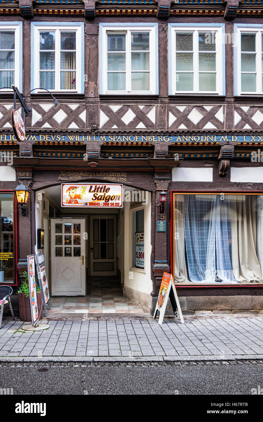 Little Saigon restaurant in historic half timbered building. Hann. Münden, Lower Saxony, Germany Stock Photo